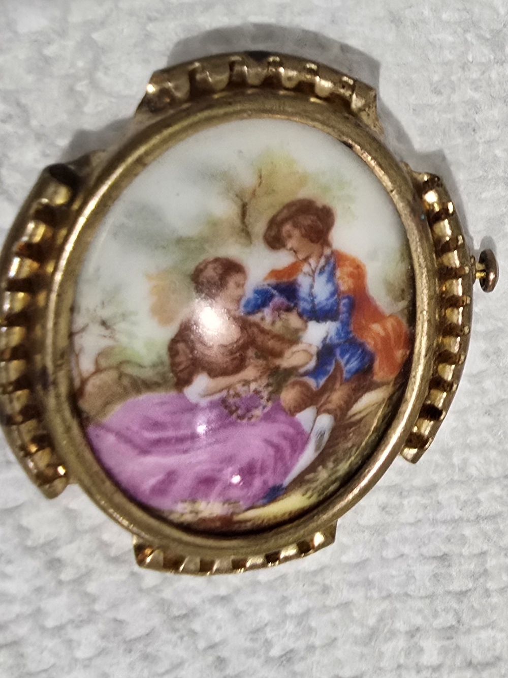 Limoges Hand-Painted Porcelain Brooch in Gold with Pink and Blue Accents